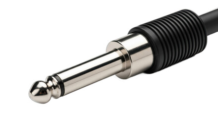Shiny metallic audio jack connector with a textured black ribbed grip and attached cable close-up for musical instruments isolated on transparent background