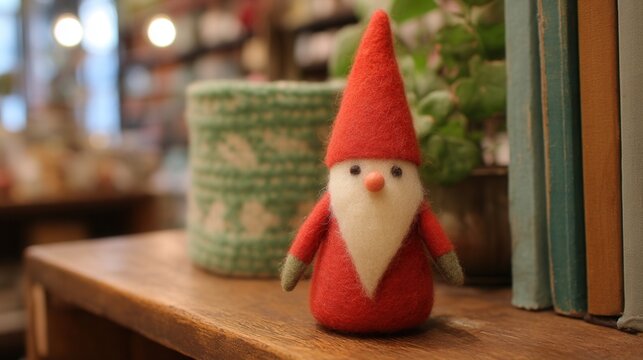 christmas Felt gnome figurine sitting on a wooden table in a cozy setting. - Powered by Adobe