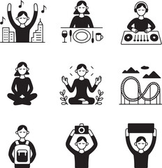 Black and white minimalist icons of people dancing dining D Jing meditating traveling and holding signs