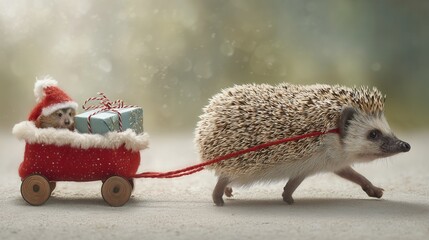 christmas A hedgehog pulls a festive cart with a tiny Santa and gifts.