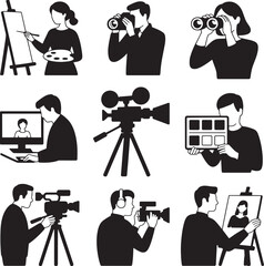 Black and white silhouette icons of people creating media and art vector