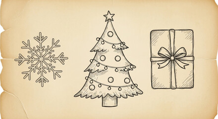 Christmas tree snowflake and gift drawing for holiday season celebration and decoration design idea