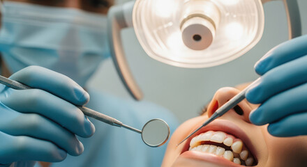 Dentist examining patients teeth with dental tools and light