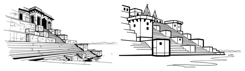 Riverside Temple Ghats Historic Indian Architecture Line Art Illustration