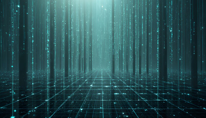 An ethereal depiction of a digital forest with tealcolored rain falling onto a gridlike surface, creating a serene and technologically advanced atmosphere