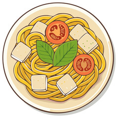 Illustrated plate of pasta with tofu, cherry tomatoes and basil leaves