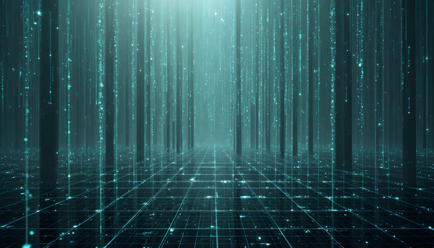 An ethereal depiction of a digital forest with tealcolored rain falling onto a gridlike surface, creating a serene and technologically advanced atmosphere