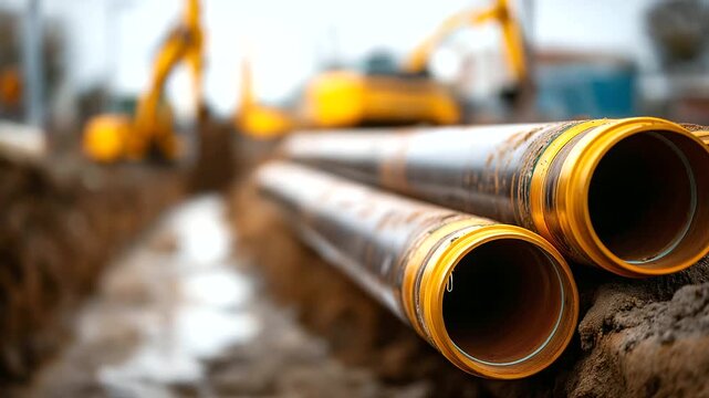 Large diameter insulated pipes lying in excavated trench construction site pipeline installation project thermal insulation visible district heating infrastructure muddy