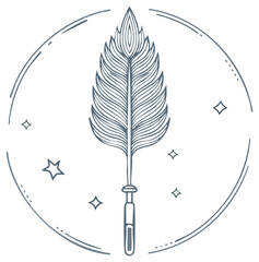Elegant feathered pen within circular emblem surrounded by stars for writing dreams and fantasy