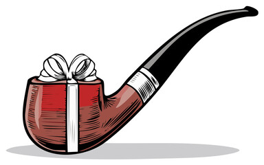 Vector illustration of a classic smoking pipe wrapped as a gift with a white ribbon bow