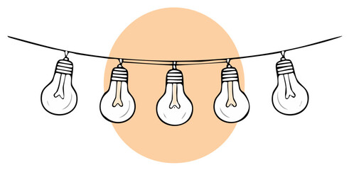 Hand drawn string lights with five lightbulbs on a soft background for decoration