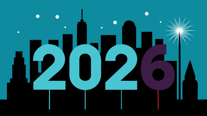 Happy new year 2026 celebration city skyline vector graphic design template download |editable svg