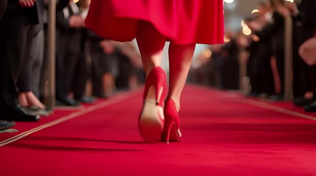 Woman in Red Dress and High Heels Walking Down the Red Carpet at a Glamorous Event