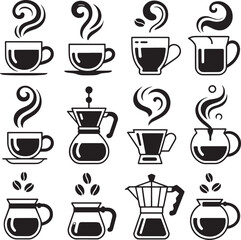 Obraz premium Collection of black and white minimalist coffee icons with steam beans and brewing equipment kettle