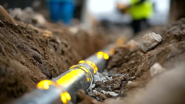 Pipeline trench with utility locating markings infrastructure coordination avoiding existing utilities spray paint marks visible construction planning excavation site