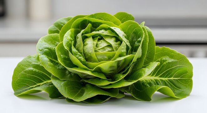 Fresh green butterhead lettuce on a white surface
