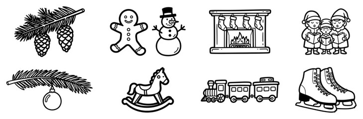 Christmas Holiday Vector Elements Collection Including Fireplace Toys Carolers And Winter Symbols In Sketch Style