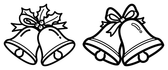 Christmas Bells with Holly and Ribbon Outline Vector Illustration