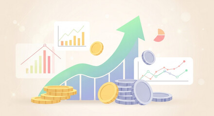 Financial growth chart with arrow and coin stack illustration for investment and business success strategy