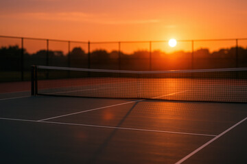 Serene sunset tennis court with warm golden light. Concept of peaceful atmosphere, sports facility aesthetics, evening calmness, and empty court mood with soft emotional warmth.
