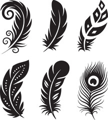 Obraz premium Six black and white decorative feather graphic elements with varied designs vector