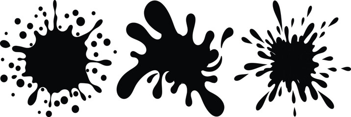 Abstract black ink splatters set, various shapes, design element isolated on transparent background, Vector