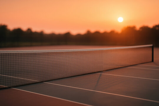 Serene sunset tennis court with warm golden light. Concept of peaceful atmosphere, sports facility aesthetics, evening calmness, and empty court mood with soft emotional warmth.