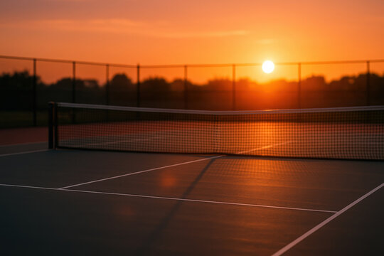 Serene sunset tennis court with warm golden light. Concept of peaceful atmosphere, sports facility aesthetics, evening calmness, and empty court mood with soft emotional warmth.