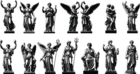 Classical Statue Silhouette Collection – Greco-Roman Figures for Mythology, Art History, Iconography, and Educational Vector Illustration Use