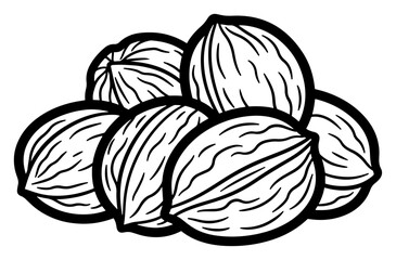 Heap Of Whole Walnuts In Shell Vector Drawing In Black And White Sketch Style