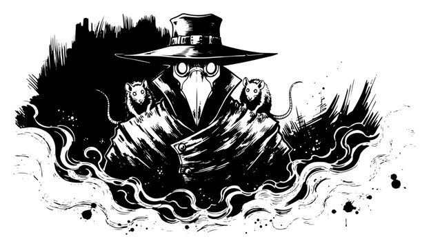 Dark Plague Doctor Character with Rats and Mysterious Smoke Vector Illustration