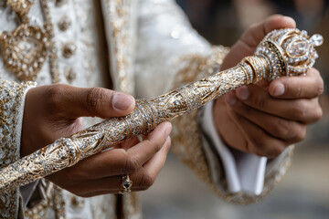 Elegant golden staff held by adorned individual at ceremonial event in grand venue
