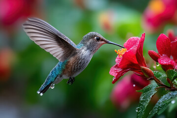 Fototapeta premium Hummingbird in Flight Nectar Feeding Red Flower Garden Bloom