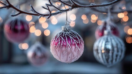 A pink frosted Christmas ornament hanging from a frost-coated branch, with blurred warm lights in the background. Concept Pink frosted Christmas ornament, Frost-coated branch detail