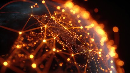 Glowing orange network of interconnected points and lines forming a spherical web, like a digital globe. Concept Glowing orange network, Spherical digital globe, Interconnected nodes and lines