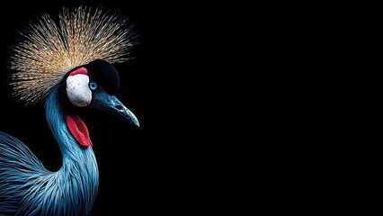Obraz premium Close-up of a grey crowned crane with a golden crest, blue neck and red throat patch against a black background. Concept Close-up Wildlife Portrait, Grey Crowned Crane, Golden Crest Details