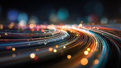Long-exposure night scene with colorful curved light trails and bokeh from city lights. Concept Long-exposure night photography, Colorful curved light trails, City lights bokeh