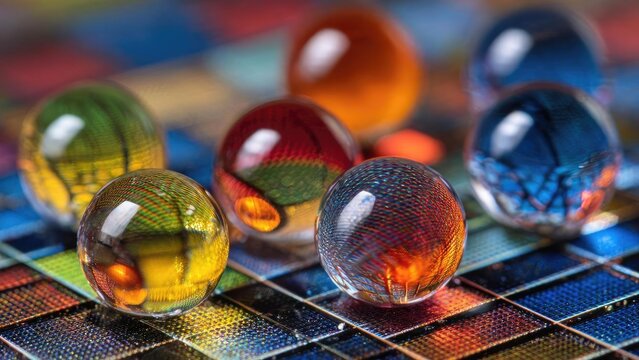 Colorful glass marbles on a bright, iridescent mosaic tile surface. Concept Glass marbles, Iridescent mosaic tiles, Macro photography, Colorful reflections, Still life details