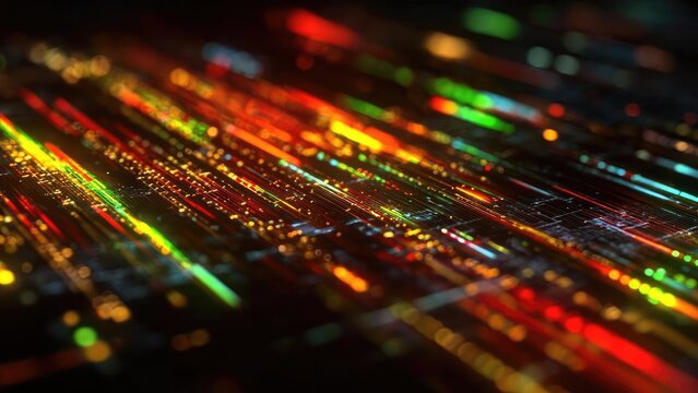 Colorful neon light streaks across a dark background, resembling flowing data streams or a futuristic circuit. Concept Neon light streaks, Dark background, Futuristic circuit art - Powered by Adobe