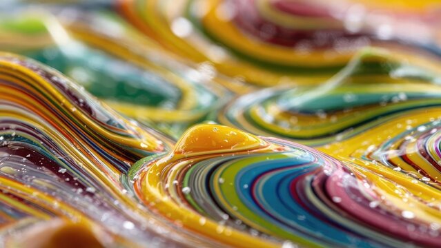 Close-up of swirling rainbow-colored paint in glossy, wavy patterns. Concept Close-up Paint Texture, Rainbow Colors, Glossy Swirls, Abstract Fluid Art, Wavy Patterns