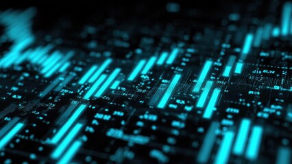Neon blue stock market chart with glowing candlesticks and data points on a dark background. Concept Neon blue stock market chart, Glowing candlesticks, Data points on a dark background