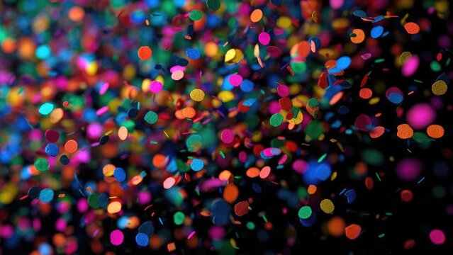 Colorful confetti pieces floating and falling against a dark background. Concept Confetti in the Air, Dark Backdrop, Colorful Pieces, Floating Motion, Dramatic Lighting