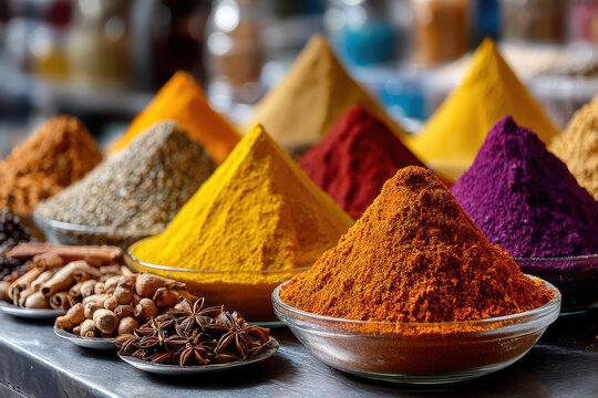Colorful spices arranged in bowls on a market stall - Powered by Adobe