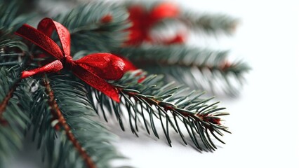 A pine branch with a red ribbon tied into a bow. Concept Pine branch ornament, Red ribbon bow, Rustic winter decor, Cozy holiday centerpiece