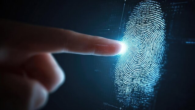 A finger pressing a glowing blue fingerprint scan on a high-tech digital screen. Concept Biometric Security, Futuristic Interface, Glowing Blue UI, Fingerprint Scan, High-Tech Screen