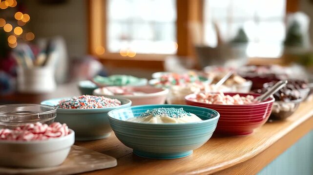 Christmas cookie decorating party setup with multiple bowls of icing and sprinkles holiday group activity festive baking gathering colorful decoration supplies party table