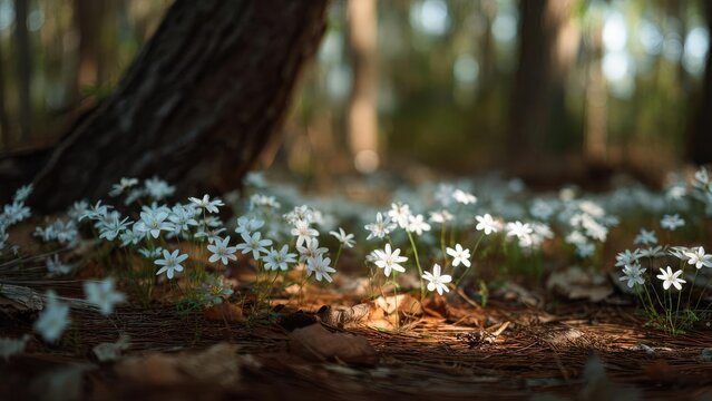 A carpet of small white woodland flowers blooming on a pine-needle covered forest floor. Concept Forest floor, White woodland flowers, Pine-needle carpet, Spring in the woods, Nature photography - Powered by Adobe