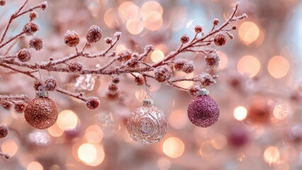 Frost-covered branches with pink glittery Christmas ornaments hanging among warm bokeh lights. Concept Frost-covered branches, pink glittery ornaments, warm bokeh lights, festive winter ambiance