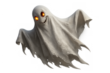 Friendly halloween ghost with glowing orange eyes and a smiling face, floating on a transparent background