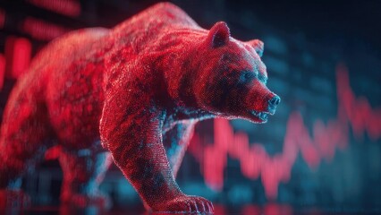 A red dotted 3D bear sculpture made of tiny points with a neon stock-market chart in the background. Concept Red dotted 3D bear sculpture, Pointillist sculpture, Neon stock market chart backdrop